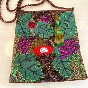 Vintage Beaded Evening Purse Wine Motif w/ Long Beaded Strap